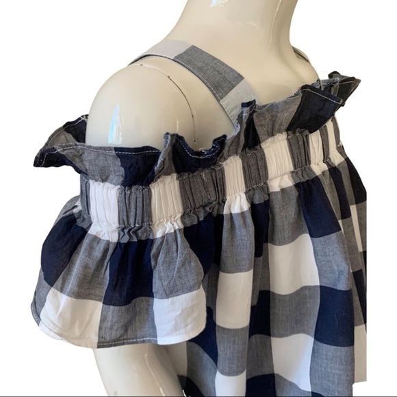JANIE AND JACK Off-The-Shoulder Gingham Dress 100% Cotton Navy Blue & White Sz 3 - Picture 10 of 16
